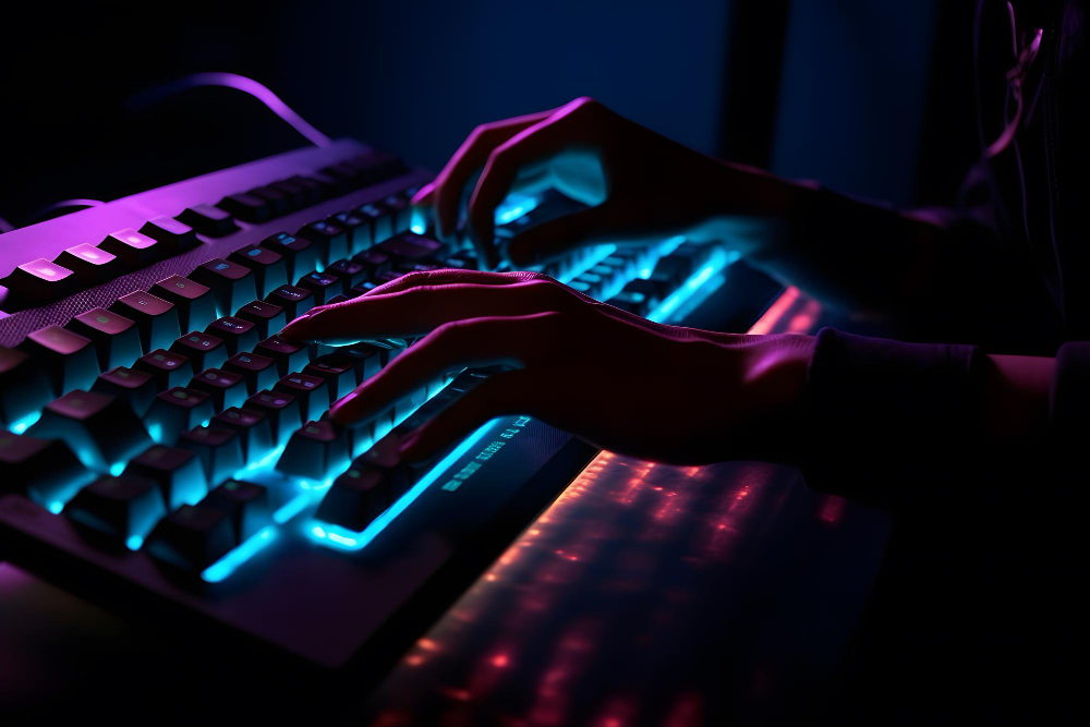 hacker utiliza botones sacudidas teclado dedos descifrar contrasena concepto seguridad internet ataque cibernetico color azul neon red neuronal generada ia