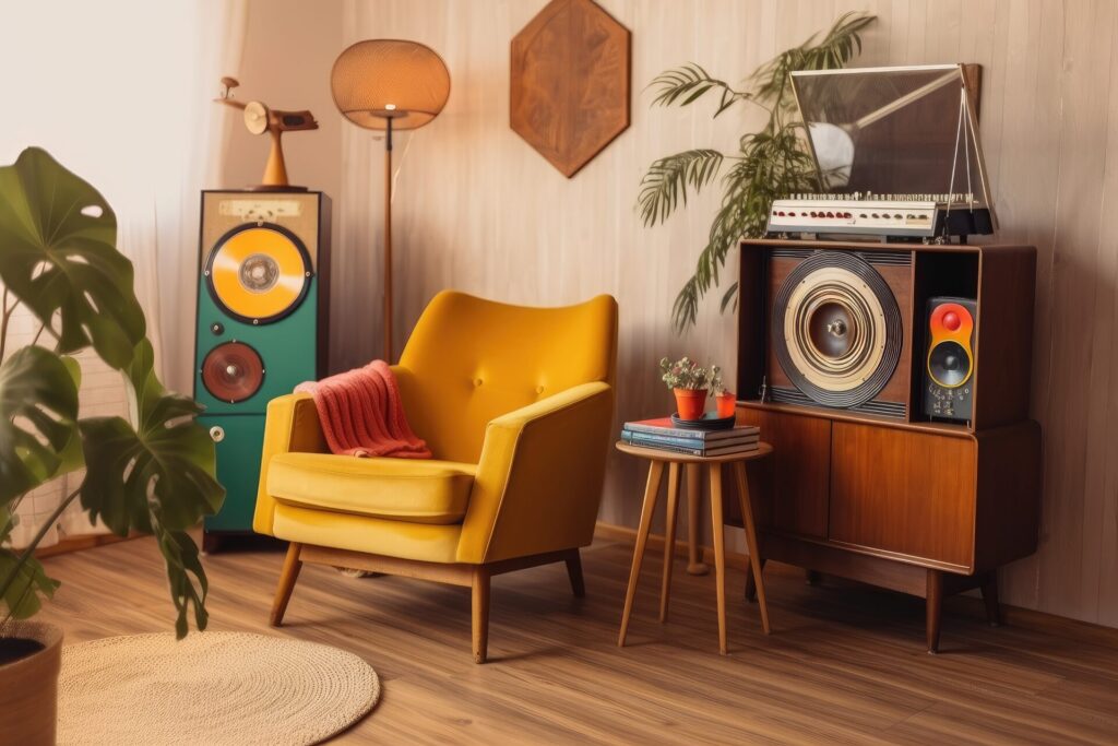 habitacion retro tocadiscos vintage discos coloridos sillon acogedor