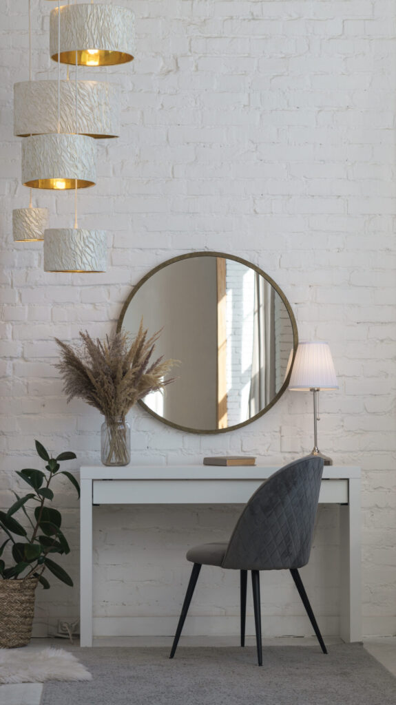 silla moderna terciopelo gris escritorio espejo redondo lampara mesa accesorios hogar lampara arana